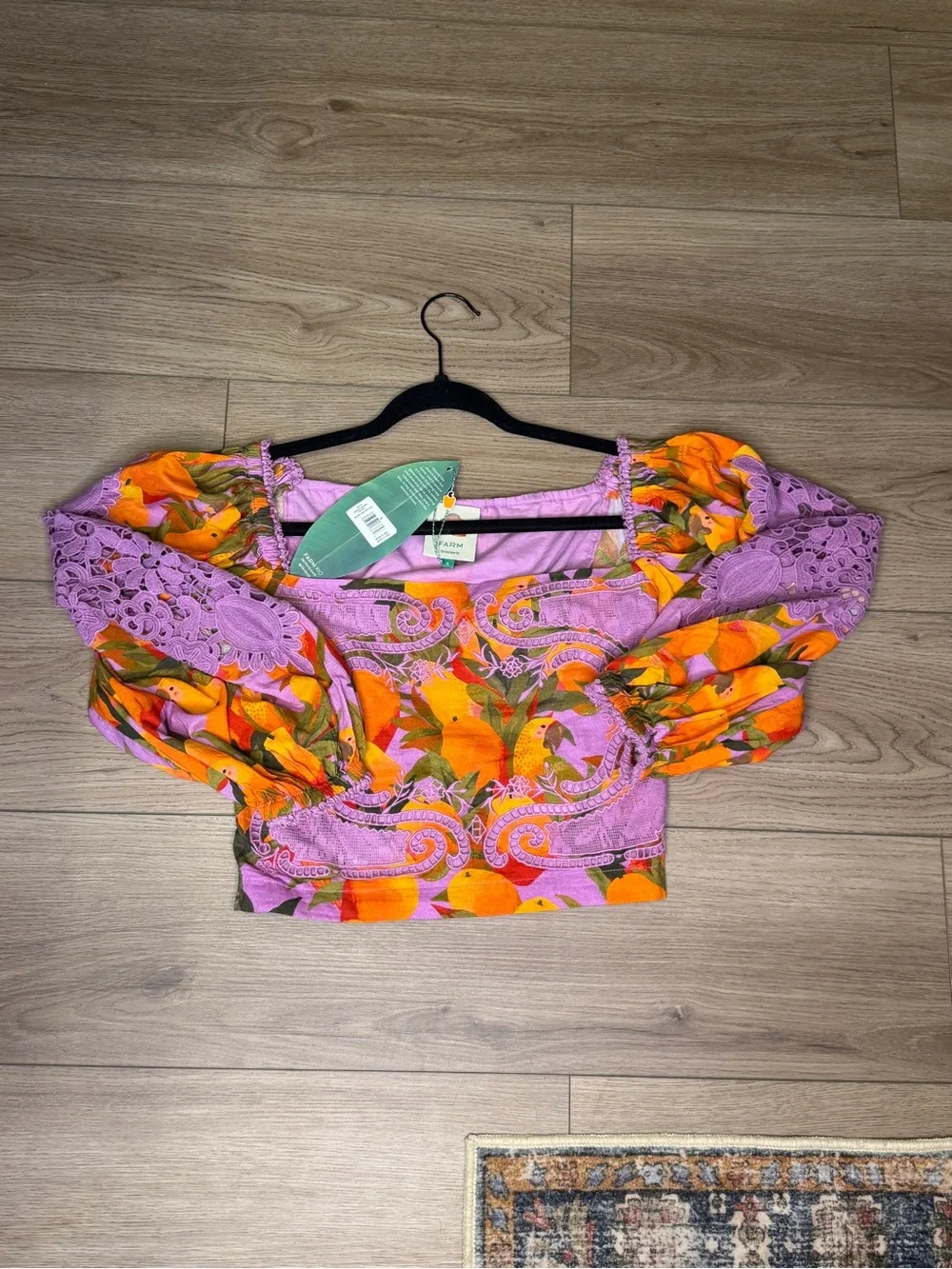 Mango Macaws Smocked Puff-Sleeve Blouse  purple lace square neck floral brocade